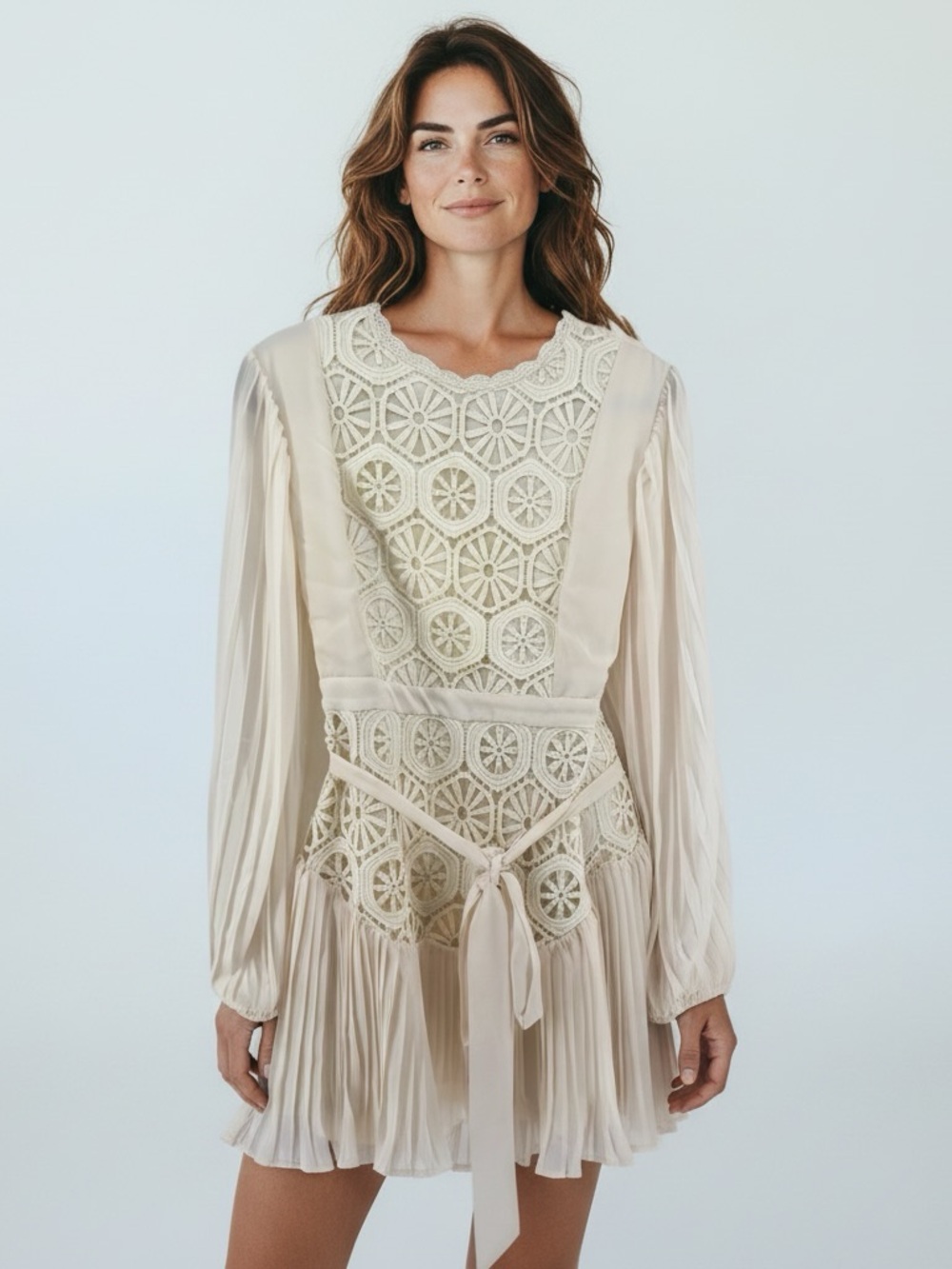 New AROSE STudio Women's Cream Lace-Panel Pleated Dress retail $198 size Large